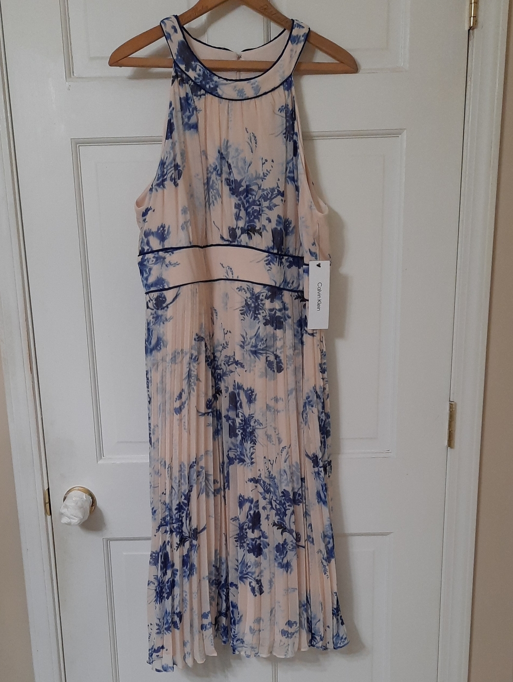 Calvin Klein Blush and Blue Floral Pleated Halter Midi Dress